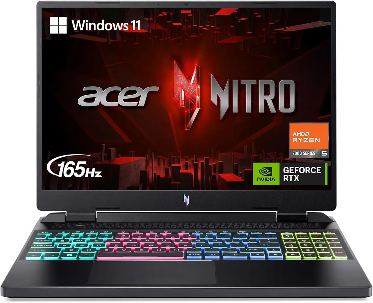 Black Acer Nitro 16 gaming laptop with 16 inch display and RGB keyboard