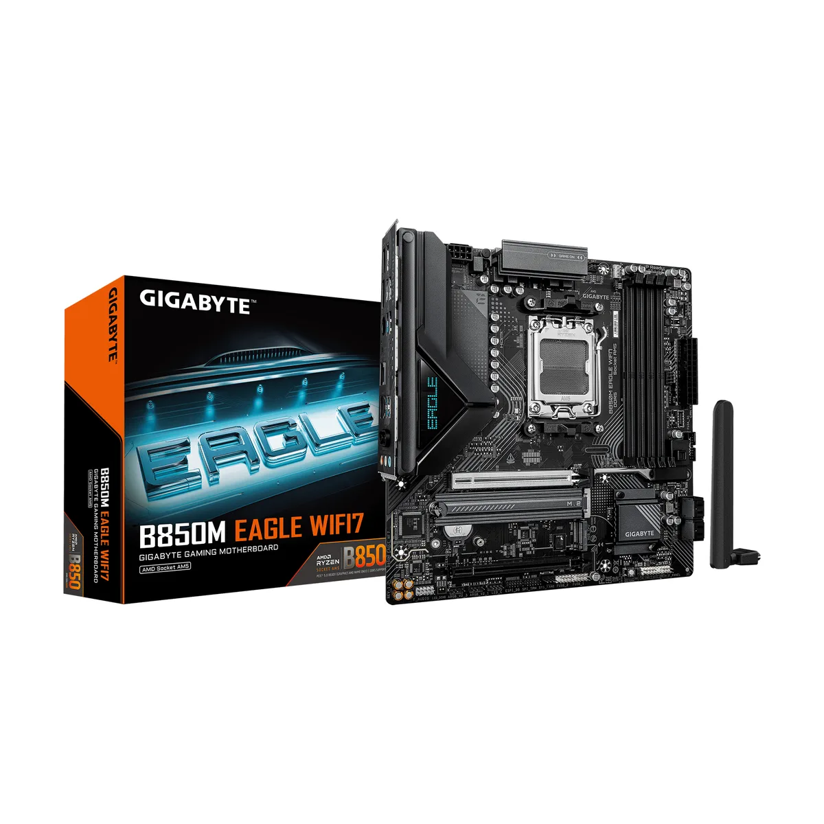 Micro-ATX motherboard in dark grey with silver heatsinks and rear I/O shield