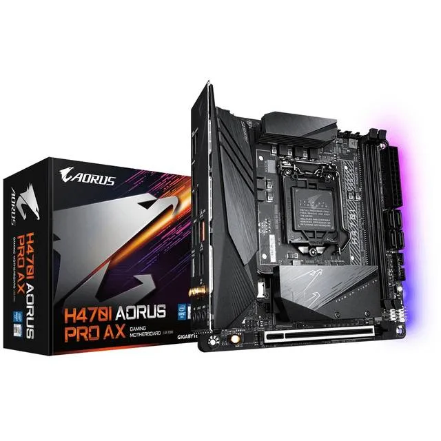 Compact Mini-ITX board with black heatsinks, silver I/O shield and AORUS branding