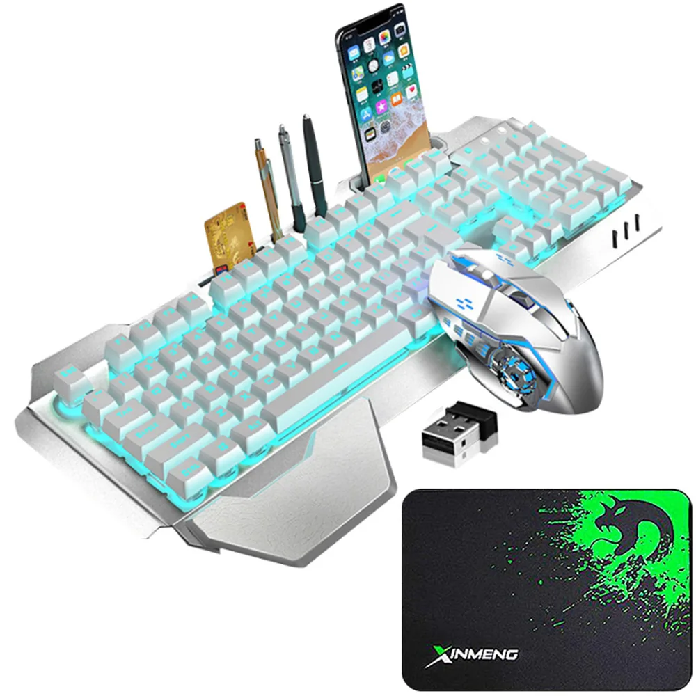 White wireless gaming keyboard with detachable palm rest, blue backlight