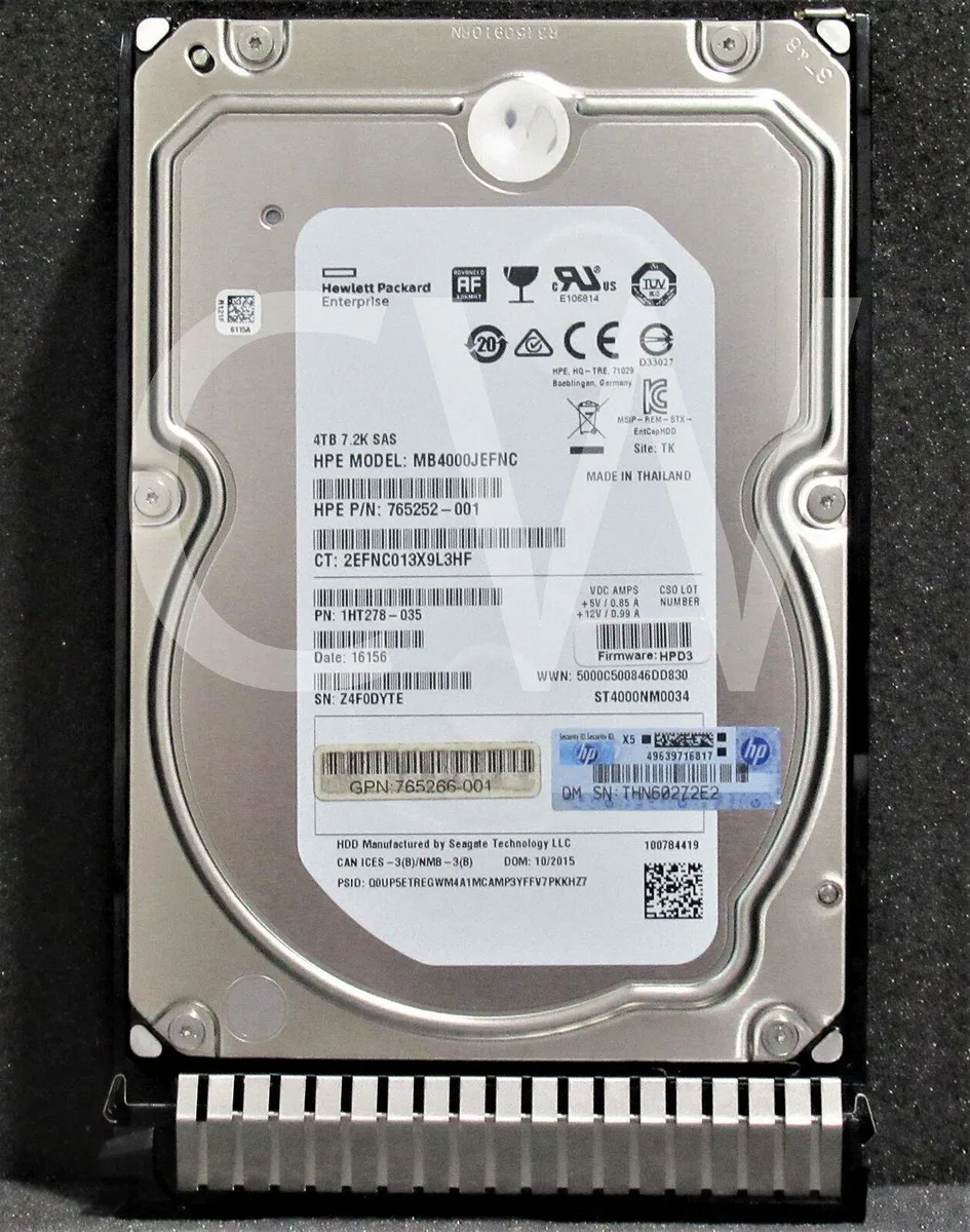 A 3.5 inch SAS hard drive inside a black hot-swap carrier tray with a green release lever