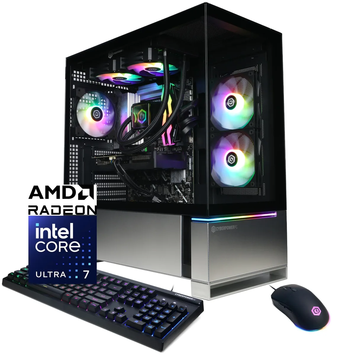 Black mid-tower gaming desktop with RGB keyboard and mouse