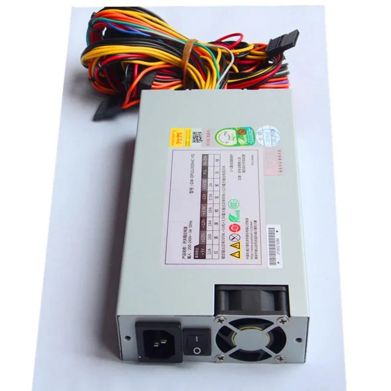 Compact 1U power supply unit with matte black metal casing and rear fan grille