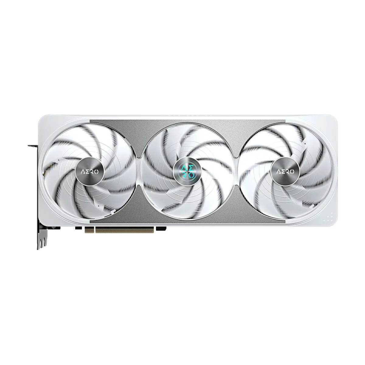 Silver triple-fan graphics card, 342 mm long, 3.5-slot ATX form factor