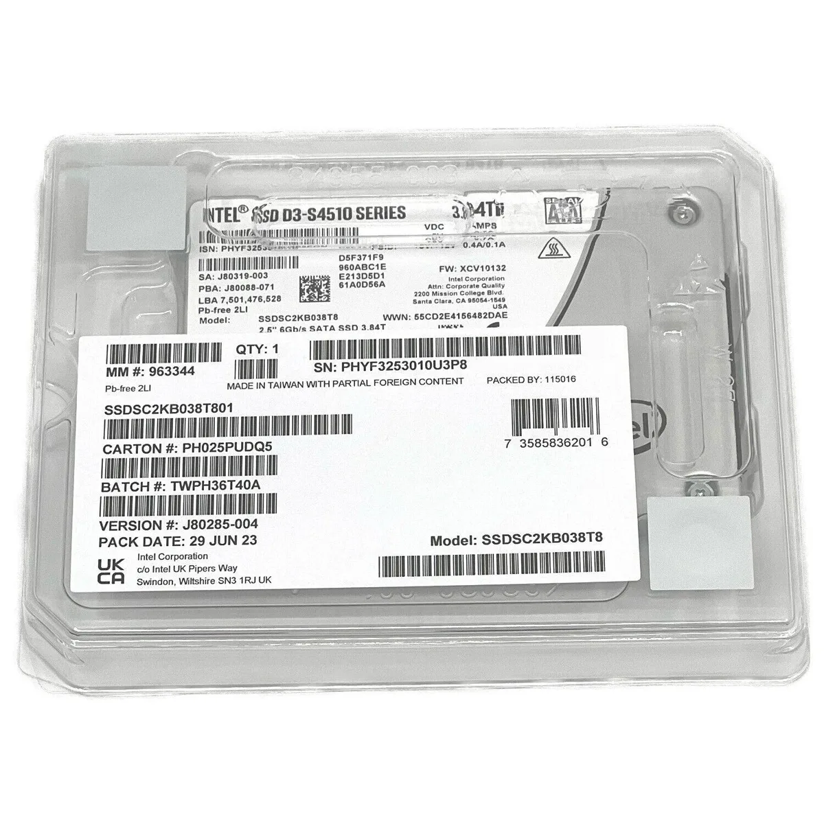 Rectangular 2.5 inch SATA SSD with black metal casing and label