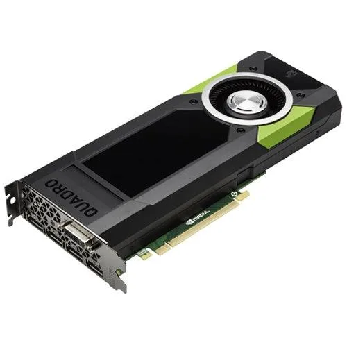 Full-height graphics card with silver metal bracket and black shroud, dual-slot cooler, single fan visible, PCIe gold fingers exposed