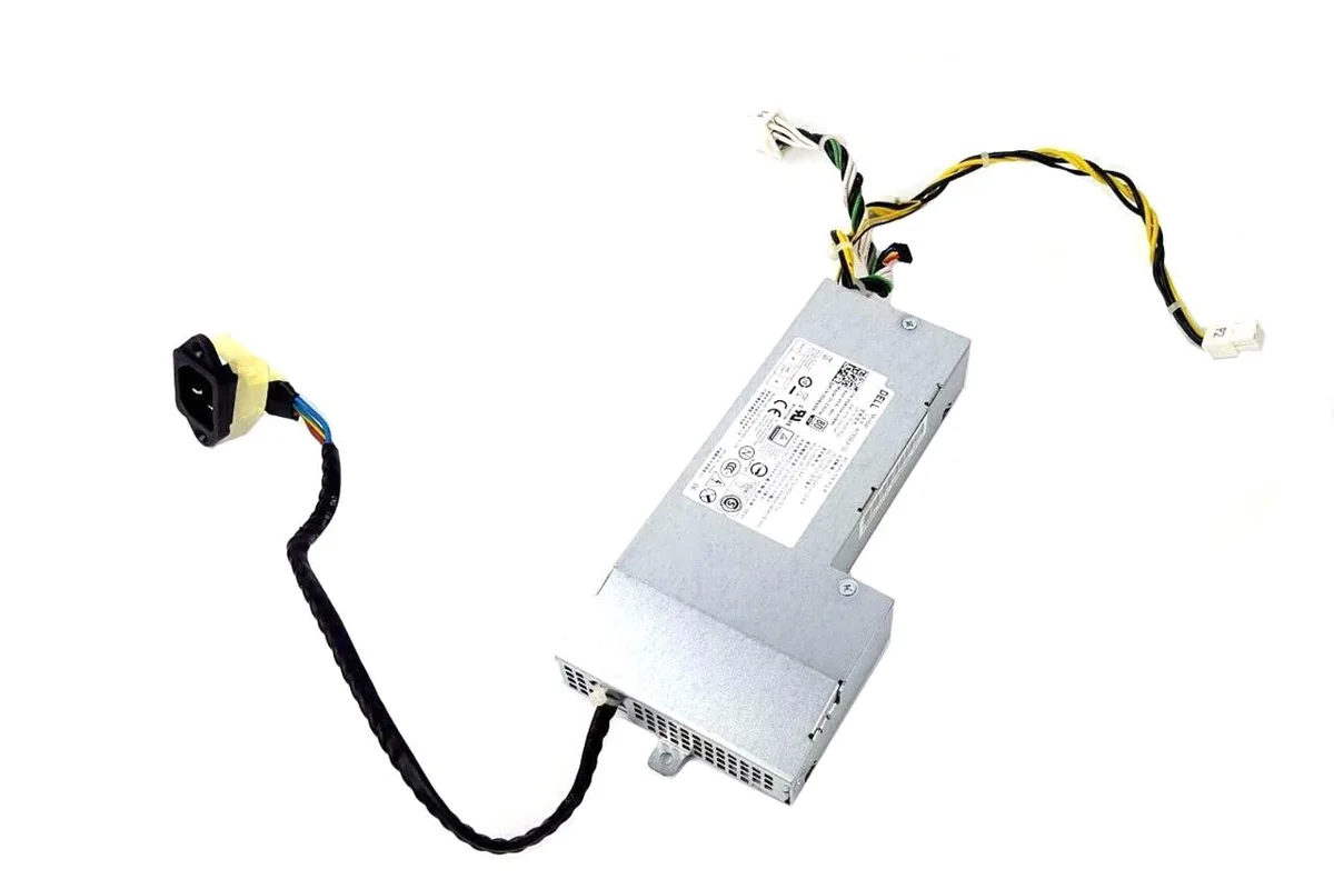 Rectangular metal power supply unit with single fan and Dell branding