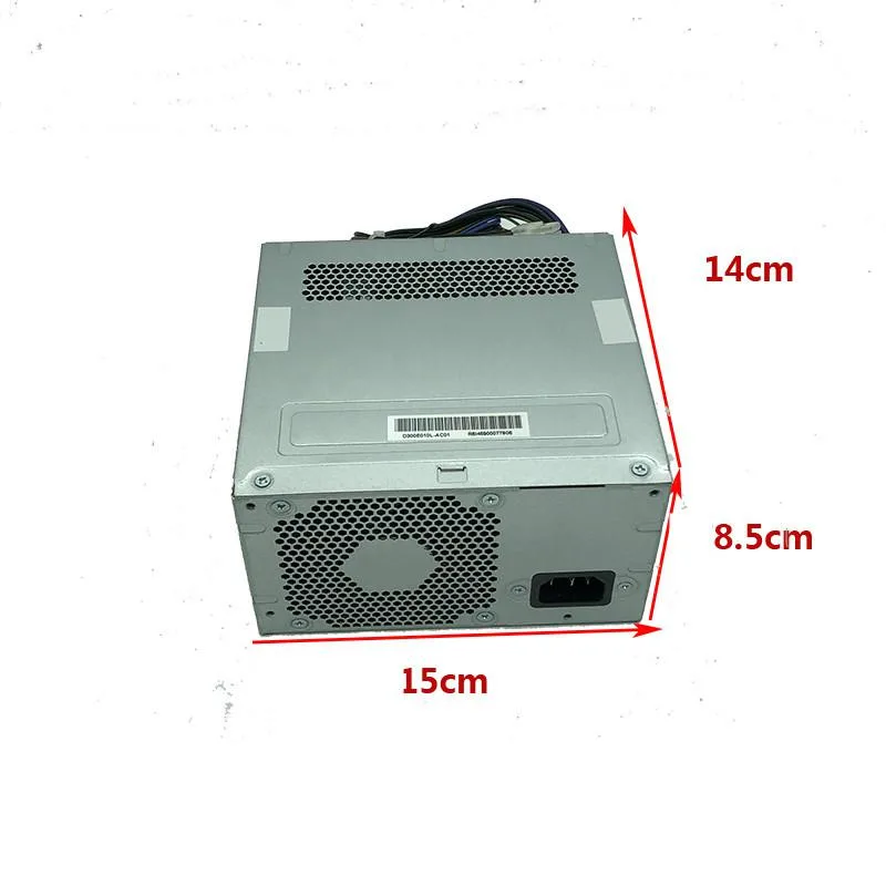 Rectangular black metal ATX power supply unit with cooling fan and cable connectors