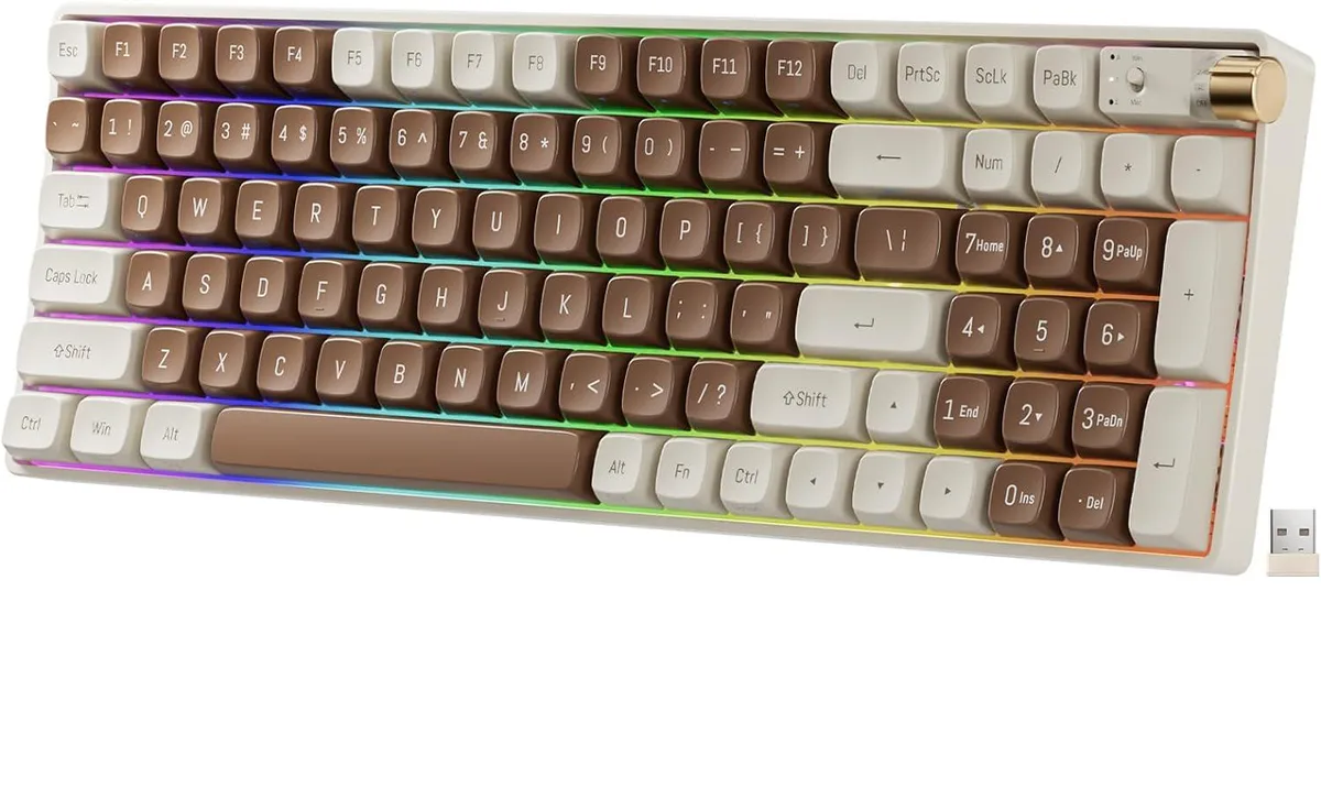 98-key brown wireless mechanical keyboard with PBT keycaps and rotary knob