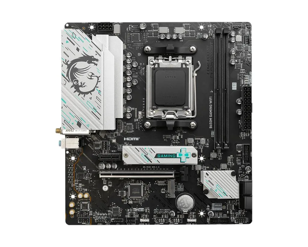 Dark green Micro ATX board with silver heatsinks and black I/O shield