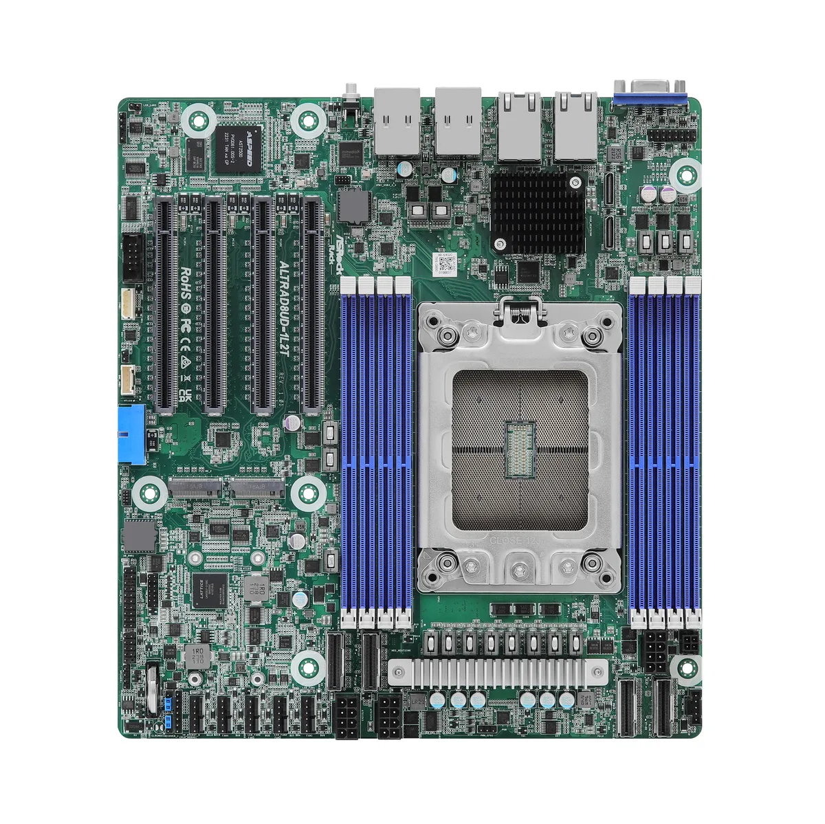 Green Deep Micro-ATX server motherboard with silver LGA 4926 socket and eight black DDR4 slots