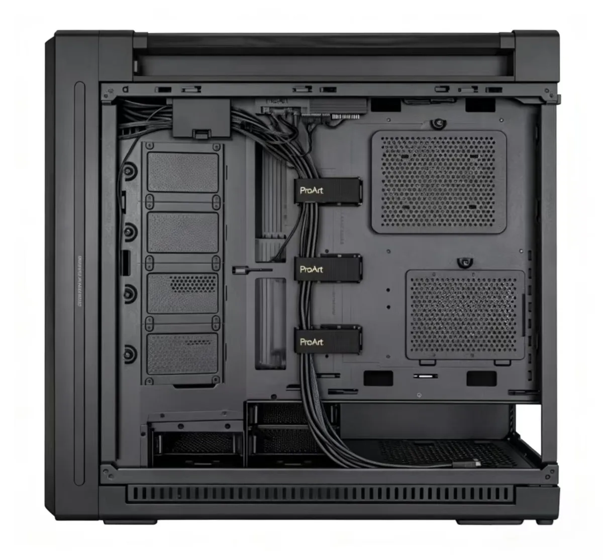 Tall black tower case with wood-grain front grille and tempered glass side panels