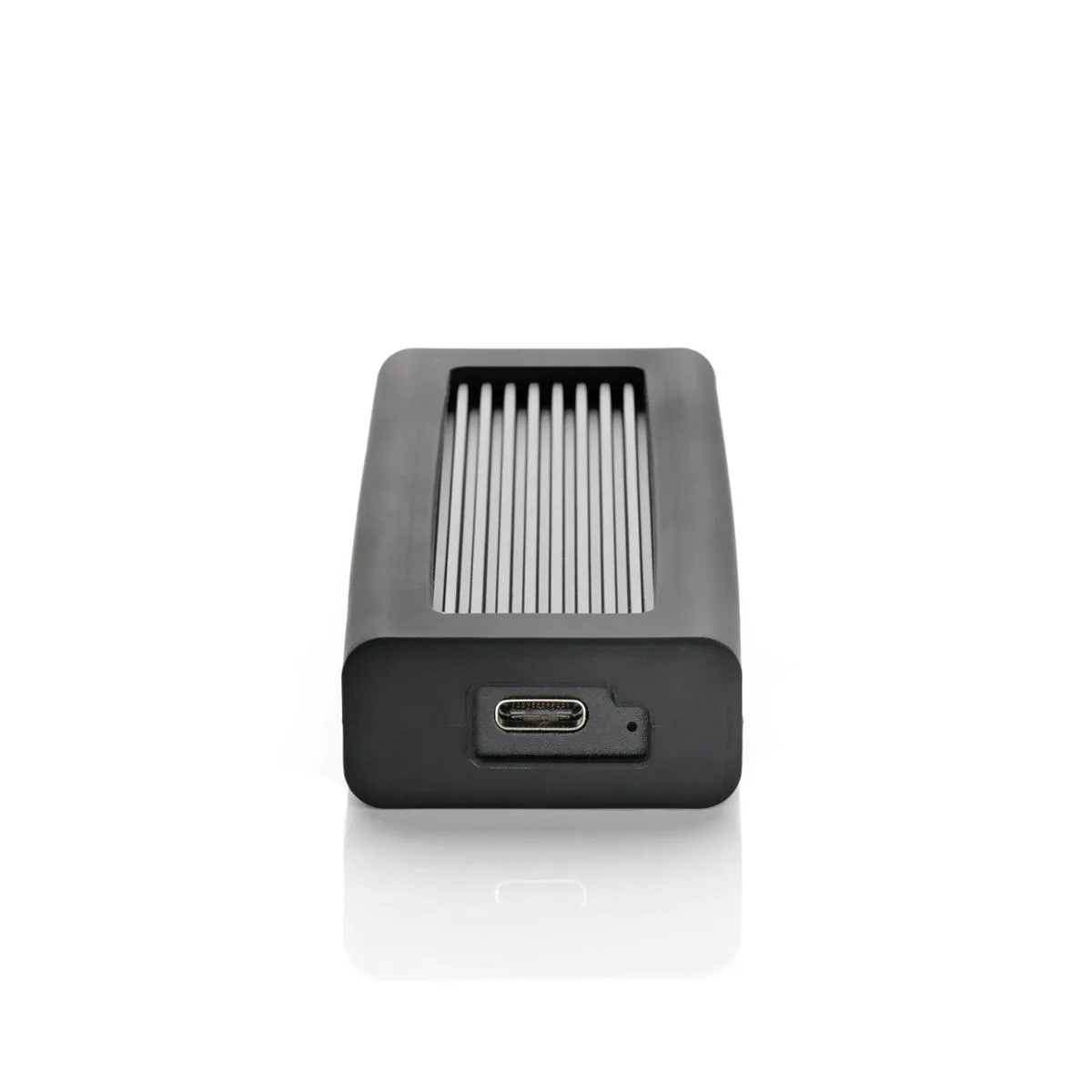 Black rectangular portable SSD with rounded edges and USB-C port