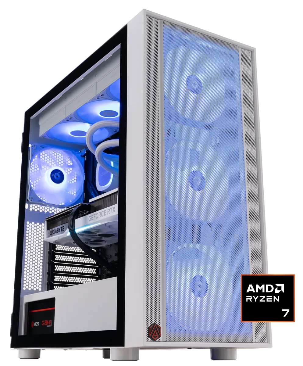 White mid-tower case with tempered glass side panel and ARGB liquid cooler visible