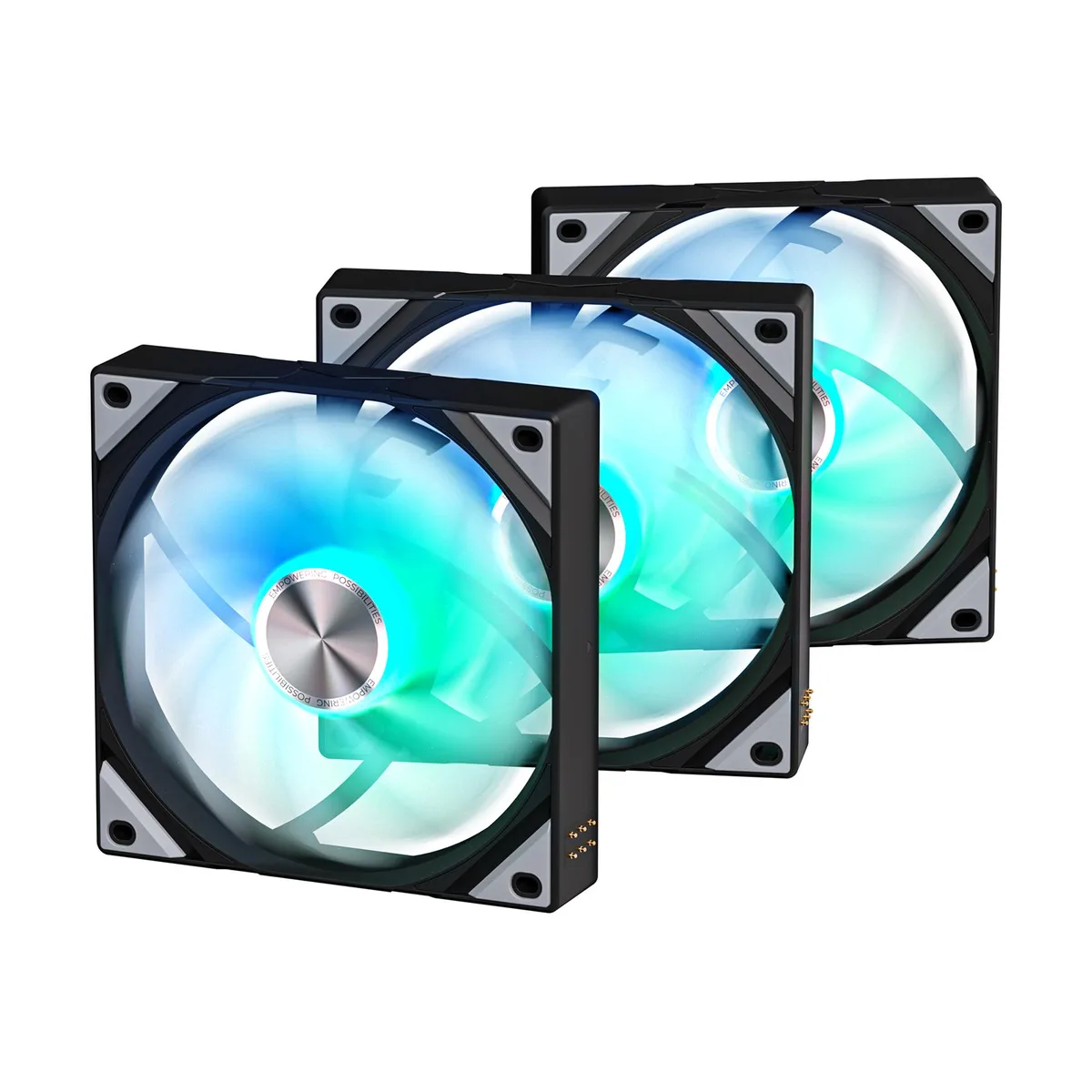 Three black 120mm square fans with ARGB lighting and magnetic daisy-chain cables