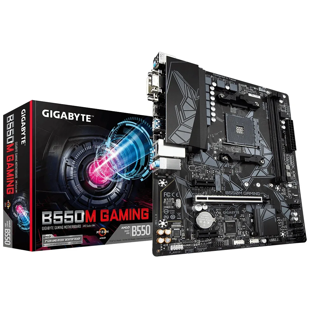 Micro-ATX board, dark PCB with silver heatsinks, 244 by 205 mm