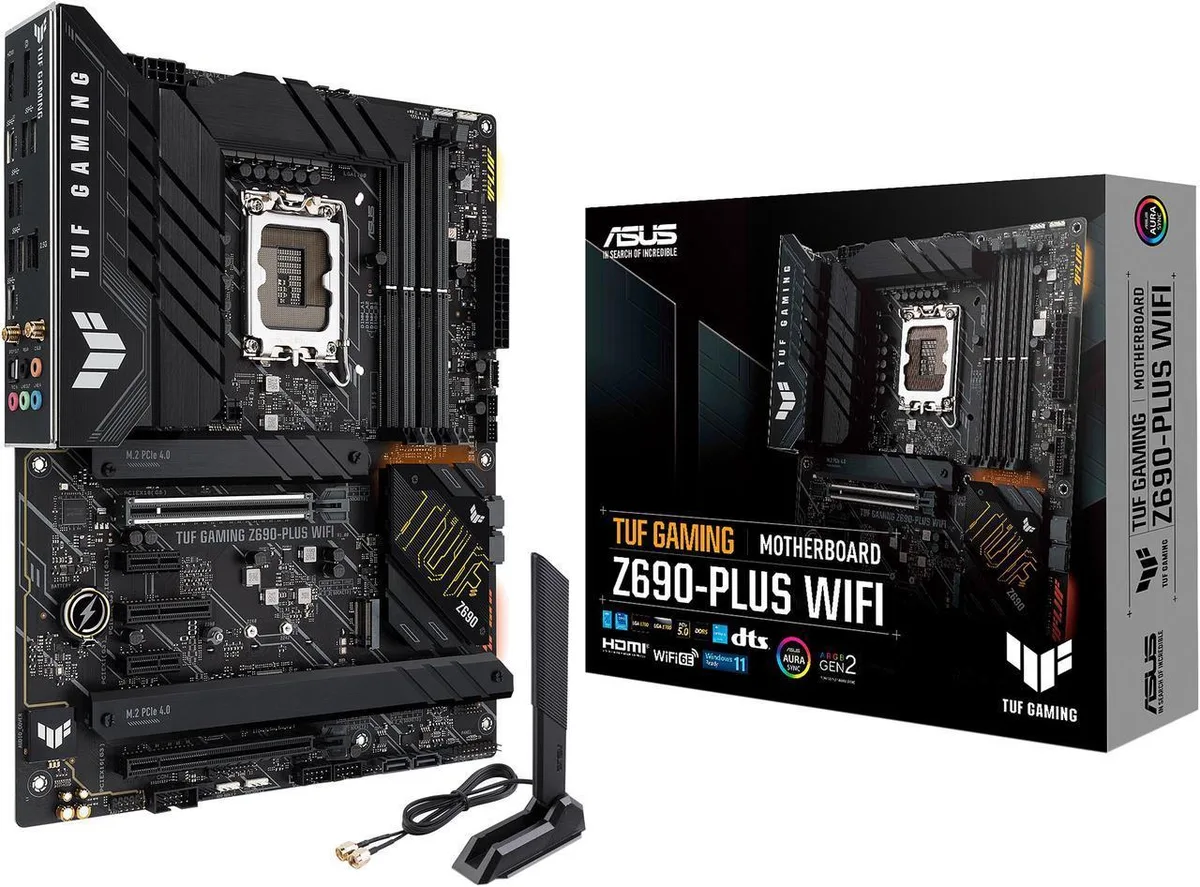 Rectangular ATX motherboard, dark grey finish, metal heatsinks, yellow accents, I/O shield attached