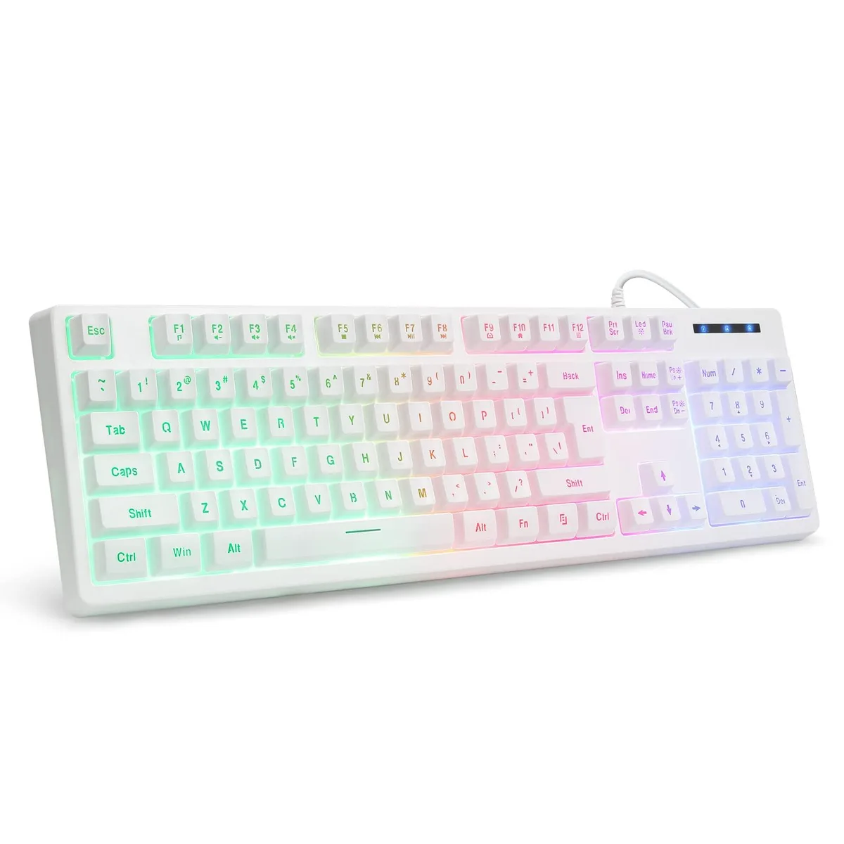 White wired gaming keyboard with rainbow LED backlighting and 104 keys