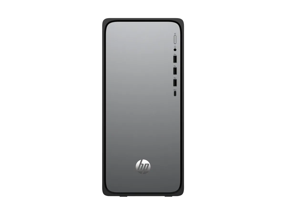 Compact black desktop tower with front USB ports and subtle HP logo