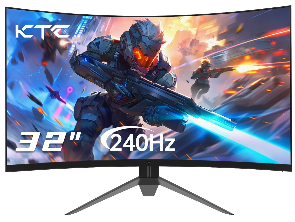 A 32 inch curved gaming monitor with a matte black finish and a simple tilt stand