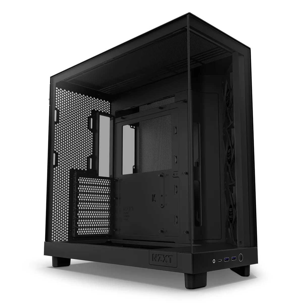 Black mid-tower case with wraparound tempered glass and three front 120mm fans