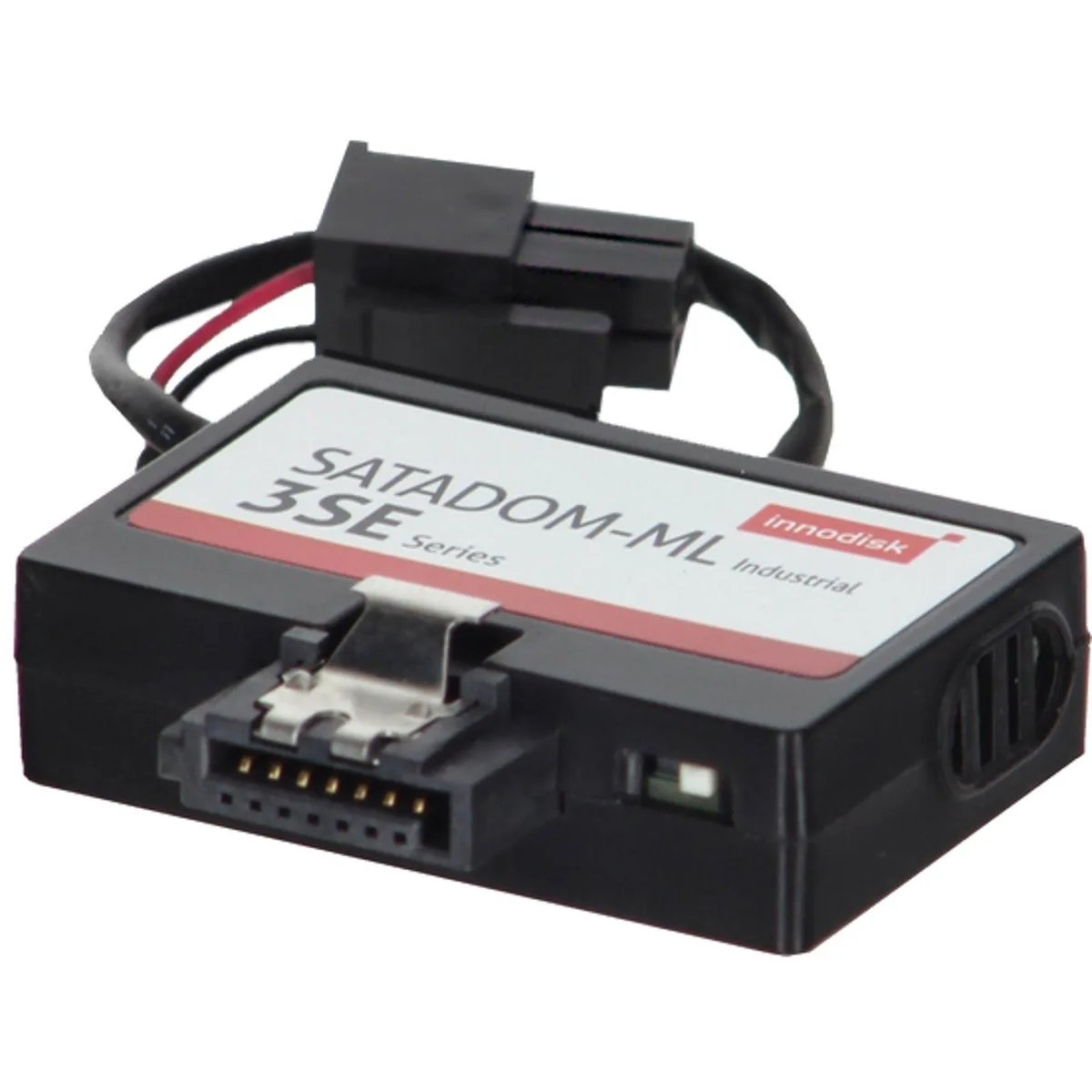 Small rectangular SATA-DOM SSD with gold edge connector and green circuit board