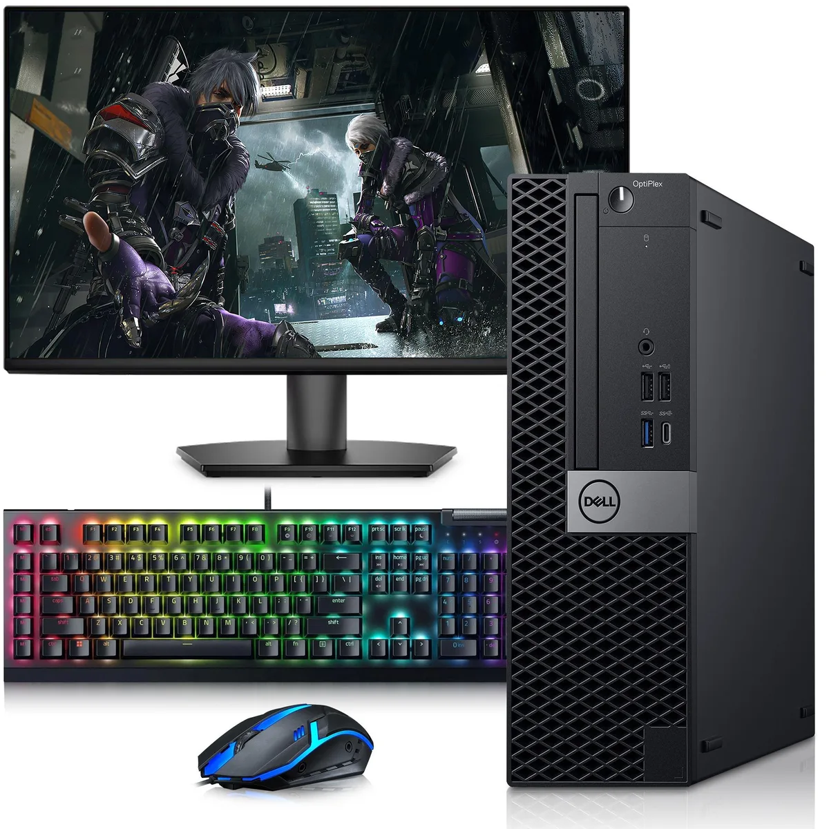 Small black desktop tower and 24-inch monitor with keyboard and mouse
