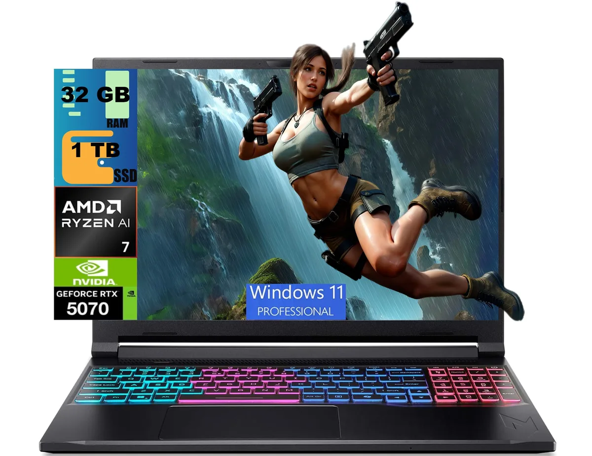 Black 16 inch gaming laptop with thin bezels and backlit keyboard