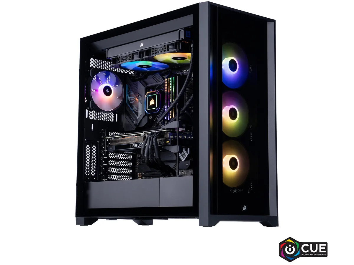 Black mid tower case with tempered glass panels and RGB lighting visible inside