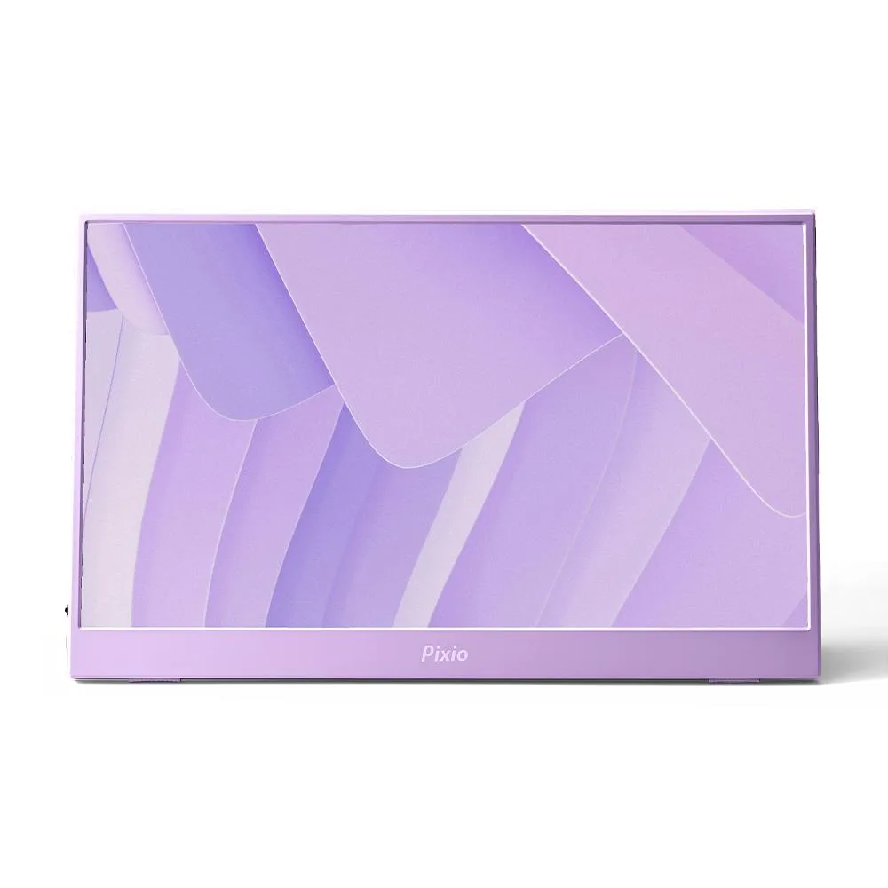 A slim 15.6 inch purple portable monitor with thin bezels and a matte IPS screen, shown with its magnetic cover folded into a stand
