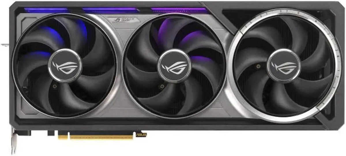 Gray triple-fan graphics card with angular metal shroud and illuminated ROG branding
