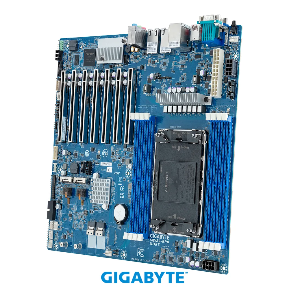 Green server motherboard with eight DDR5 slots and five PCIe x16 slots