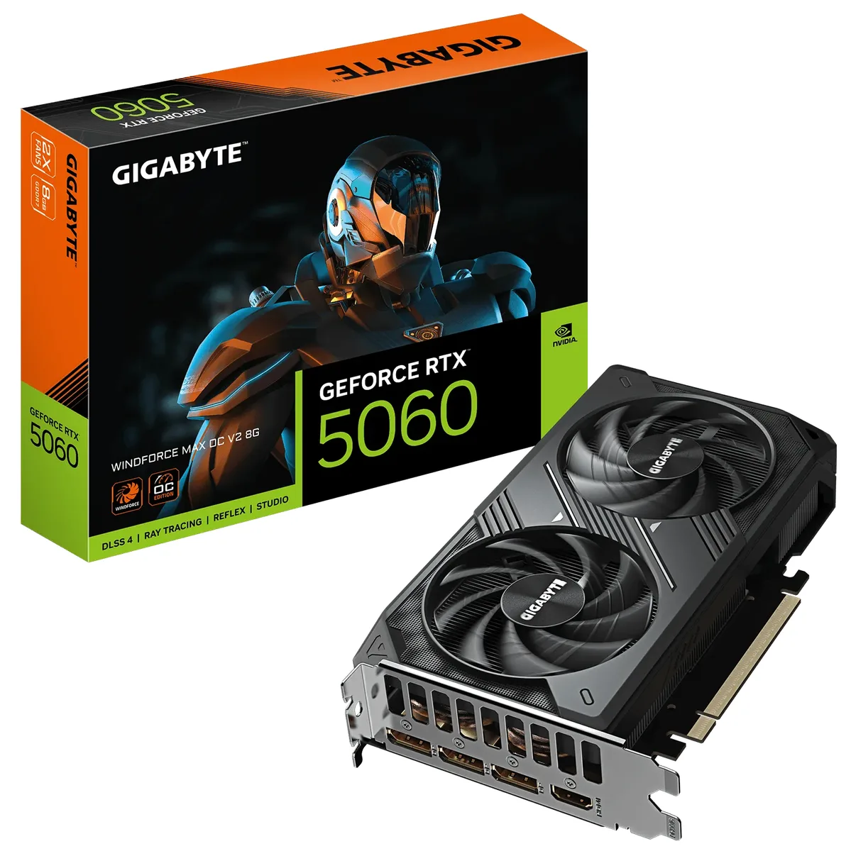 GIGABYTE RTX 5060 WINDFORCE MAX OC V2 dual-fan graphics card in dark grey, 199mm long, two-slot ATX form factor