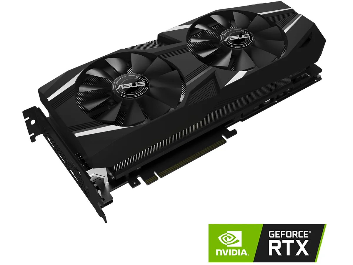 ASUS Dual GeForce RTX 2080 graphics card with two fans, metal backplate, and triple-slot metal bracket