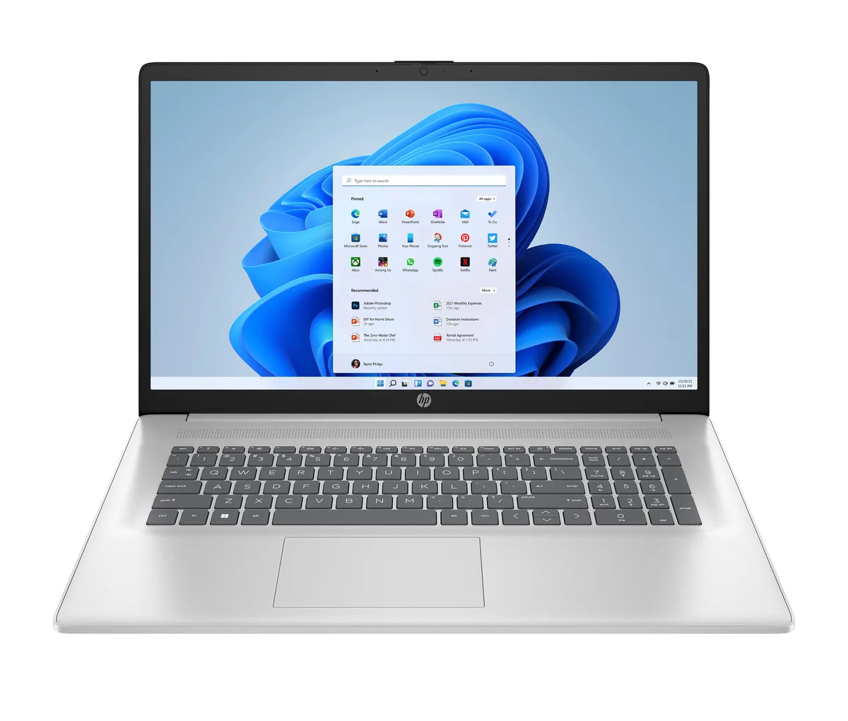 Silver 17.3-inch laptop with full-size keyboard and numeric keypad