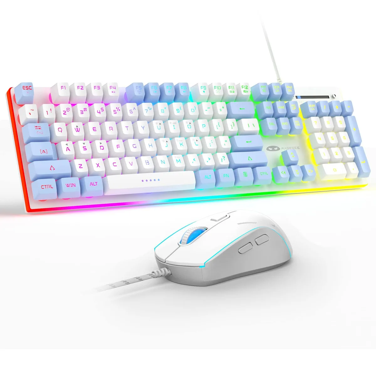 Black full-size keyboard with metal panel and matching mouse, both with RGB lighting