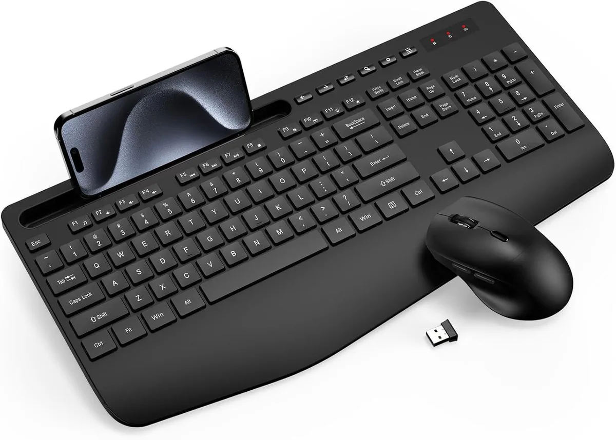 Blue and white full-size wireless keyboard with palm rest, phone holder and matching mouse