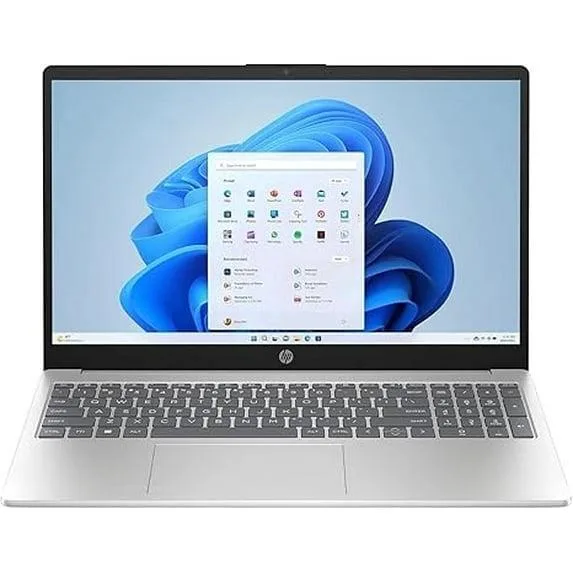 Silver 15.6 inch laptop, slim clamshell, matte finish, non-touch screen, full-size keyboard