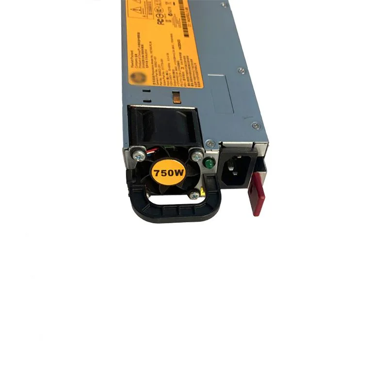 Rectangular silver server power supply unit with rear fan grille and connector socket
