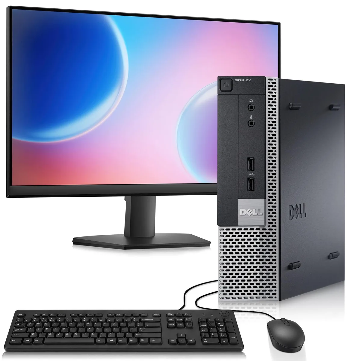 Compact black and silver Dell OptiPlex 9020 USFF desktop with 22 inch monitor, wireless keyboard and mouse