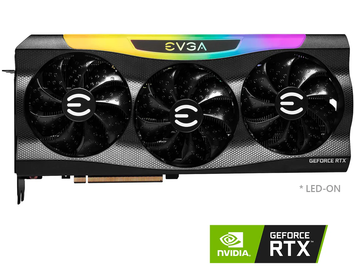 Black triple-fan graphics card with metal backplate