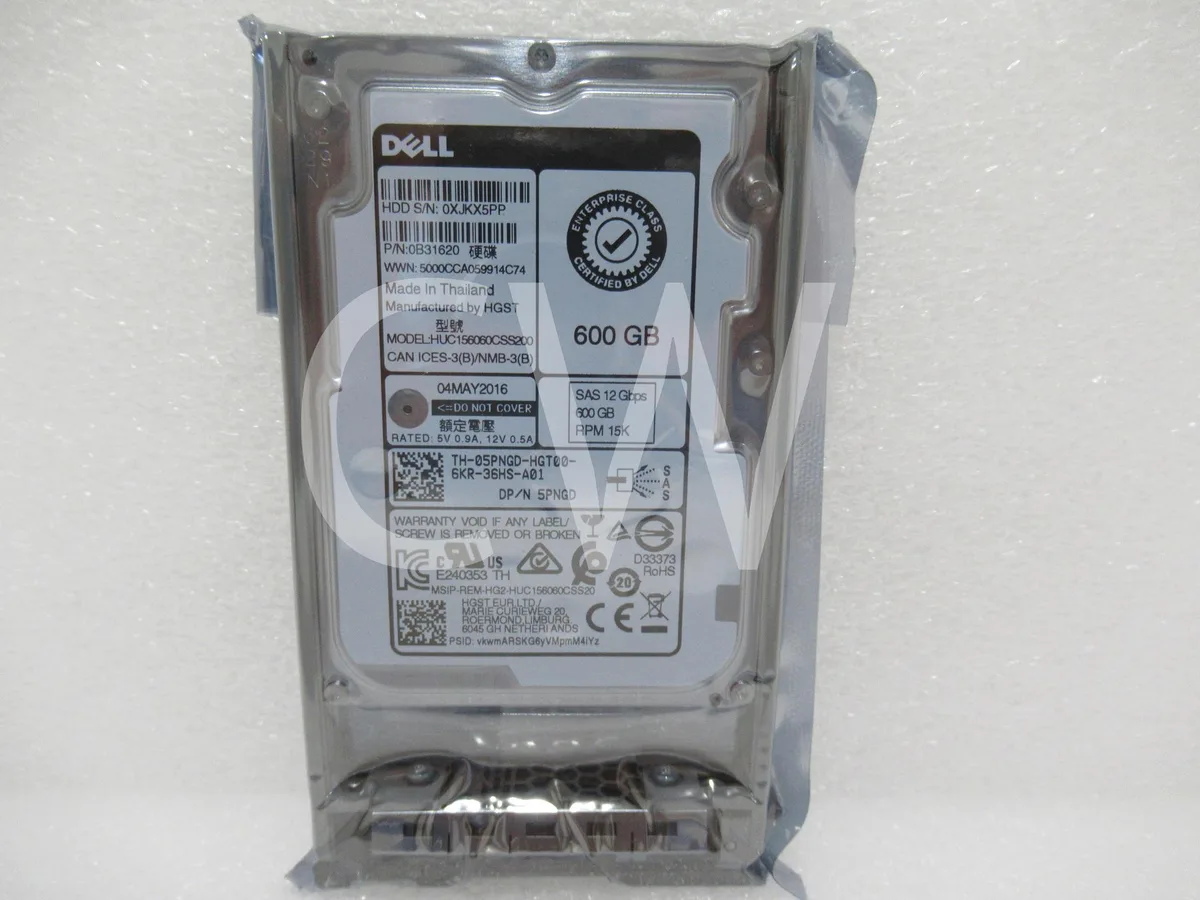 Silver 2.5 inch SAS hard drive mounted in black Dell R-series caddy