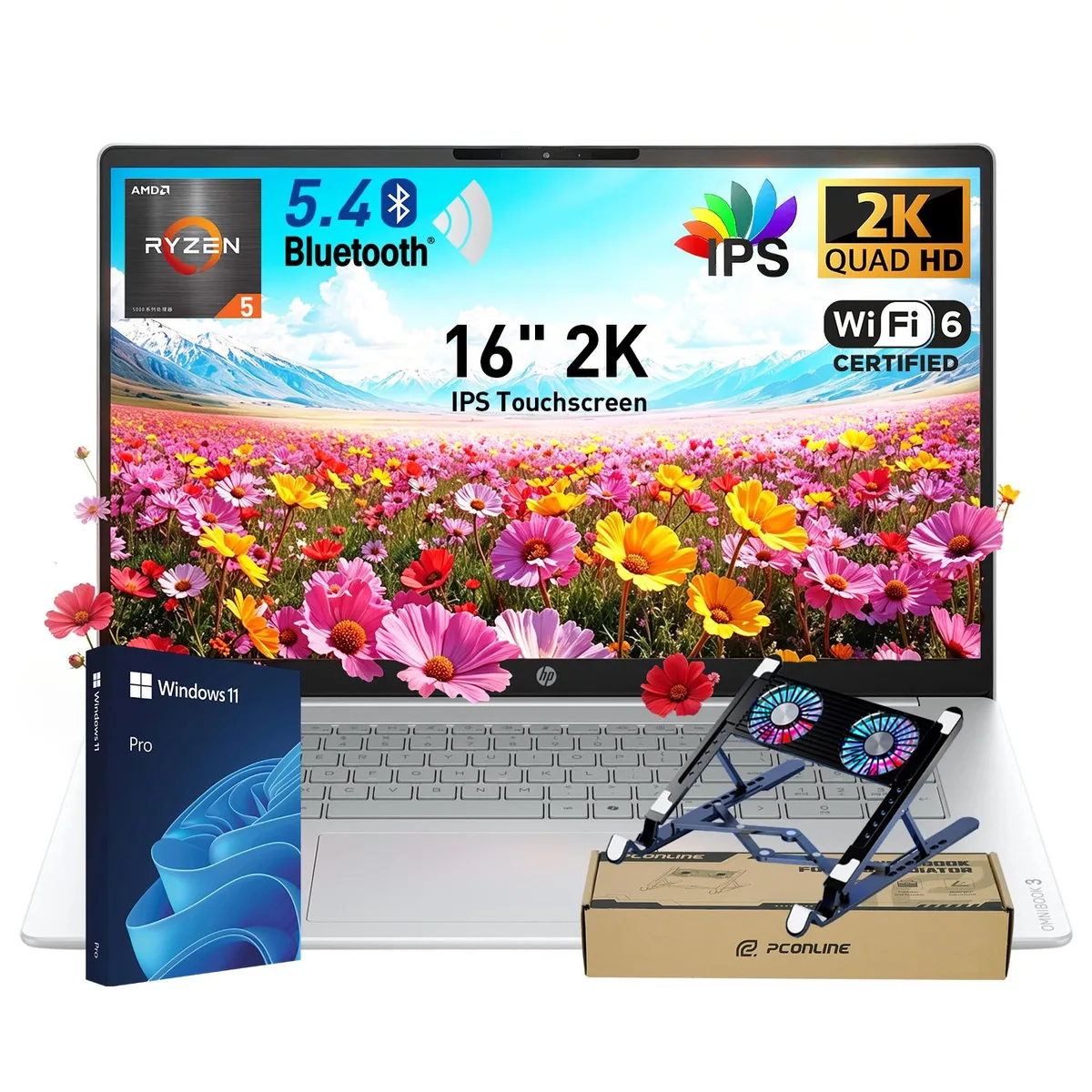 HP HP OmniBook 3 laptop Ryzen 5 40 16GB 512GB 16" touchscreen Glacier Silver cooler — product photo