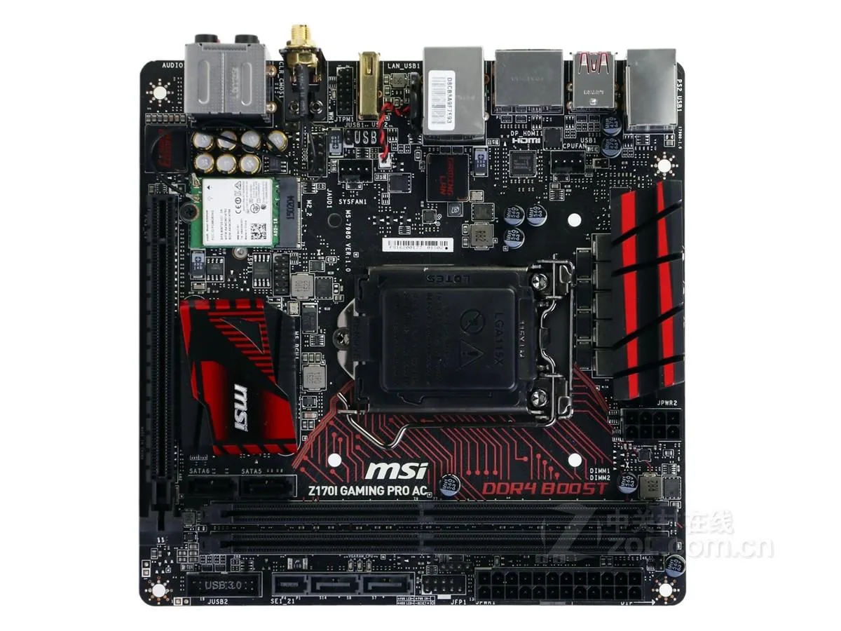 Compact Mini-ITX motherboard, black PCB with red accents, silver I/O shield, CPU socket and chipset heatsinks visible