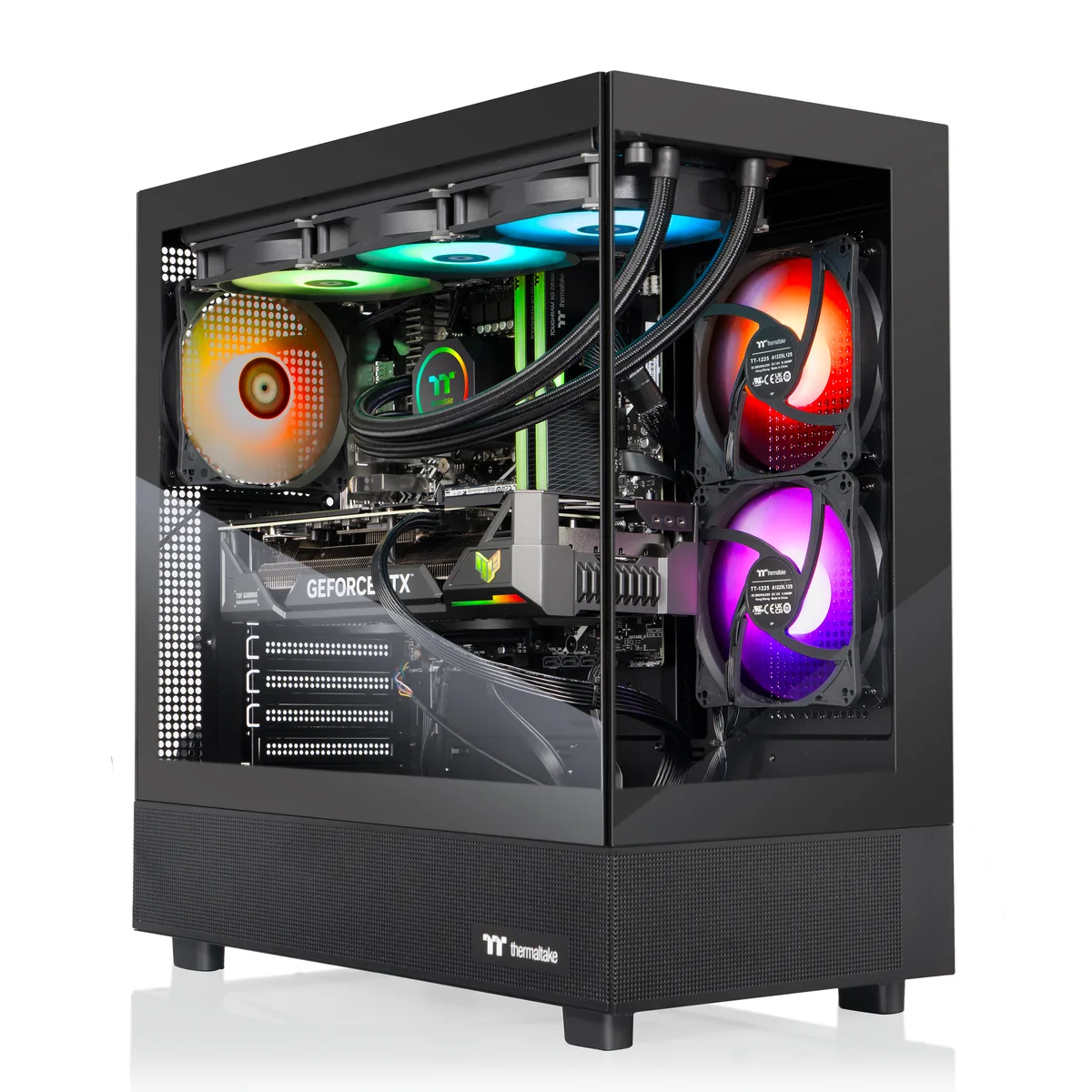 Black mid-tower gaming desktop with 360mm ARGB liquid cooler visible through tempered glass side panel