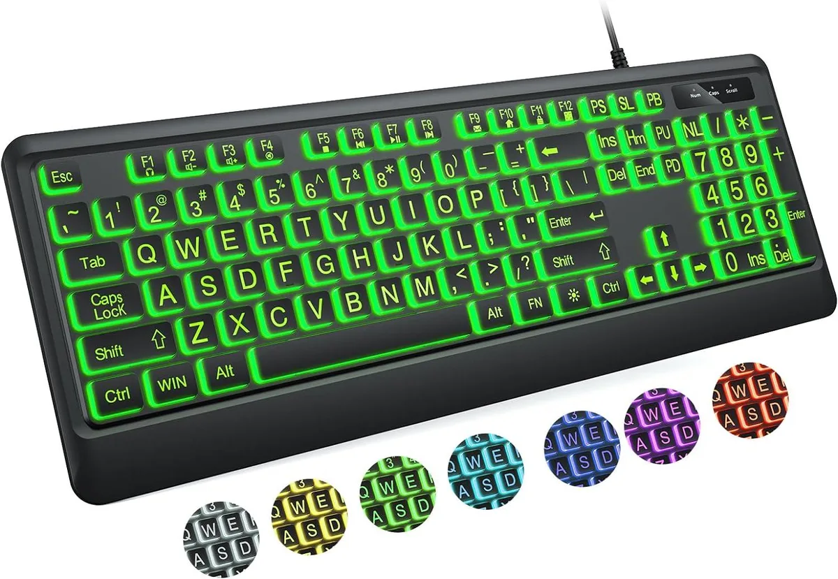 Full-size wired keyboard with large-print keys and seven-colour backlight