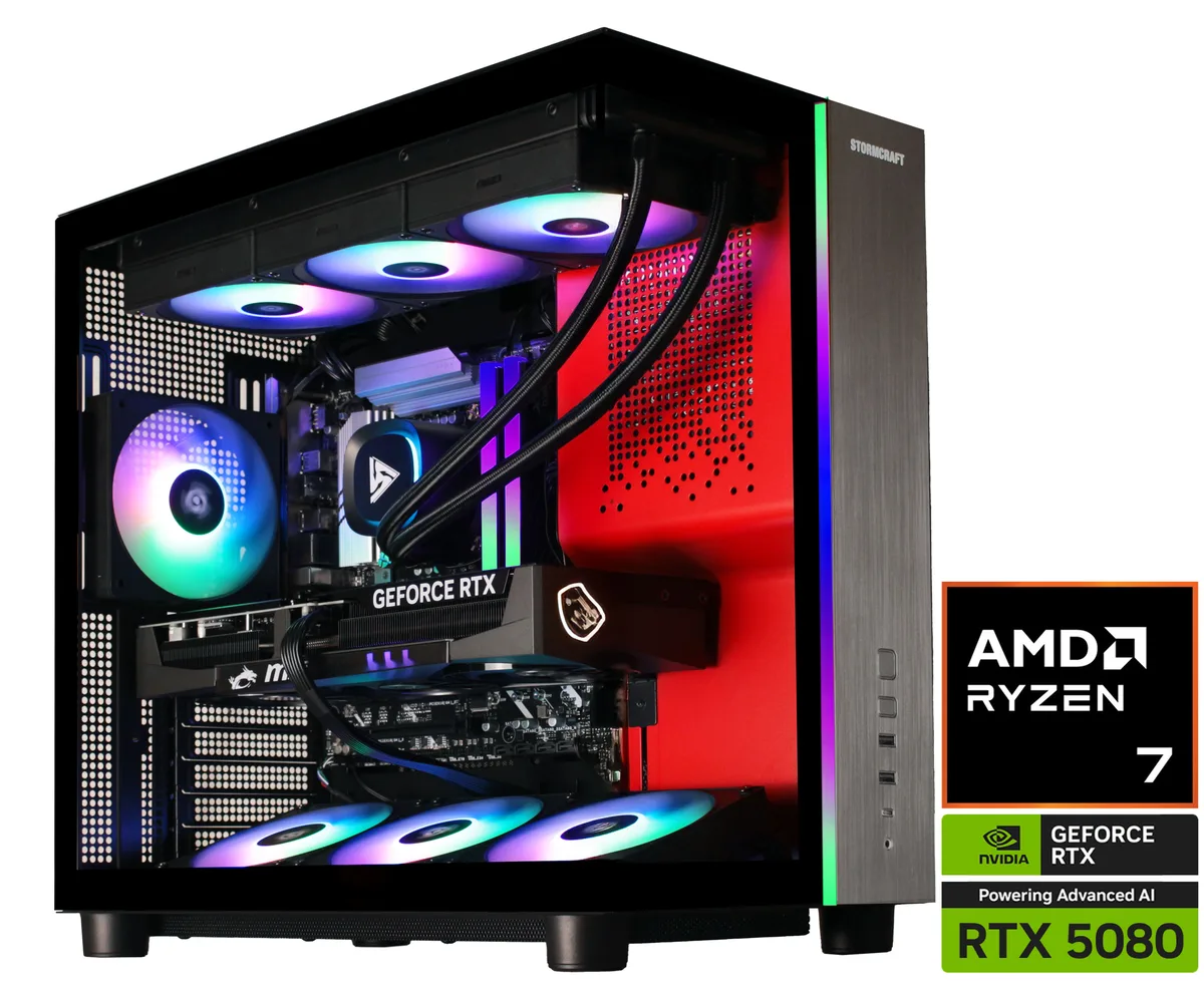 Black mid-tower gaming desktop with tempered glass side panel and RGB lighting visible inside