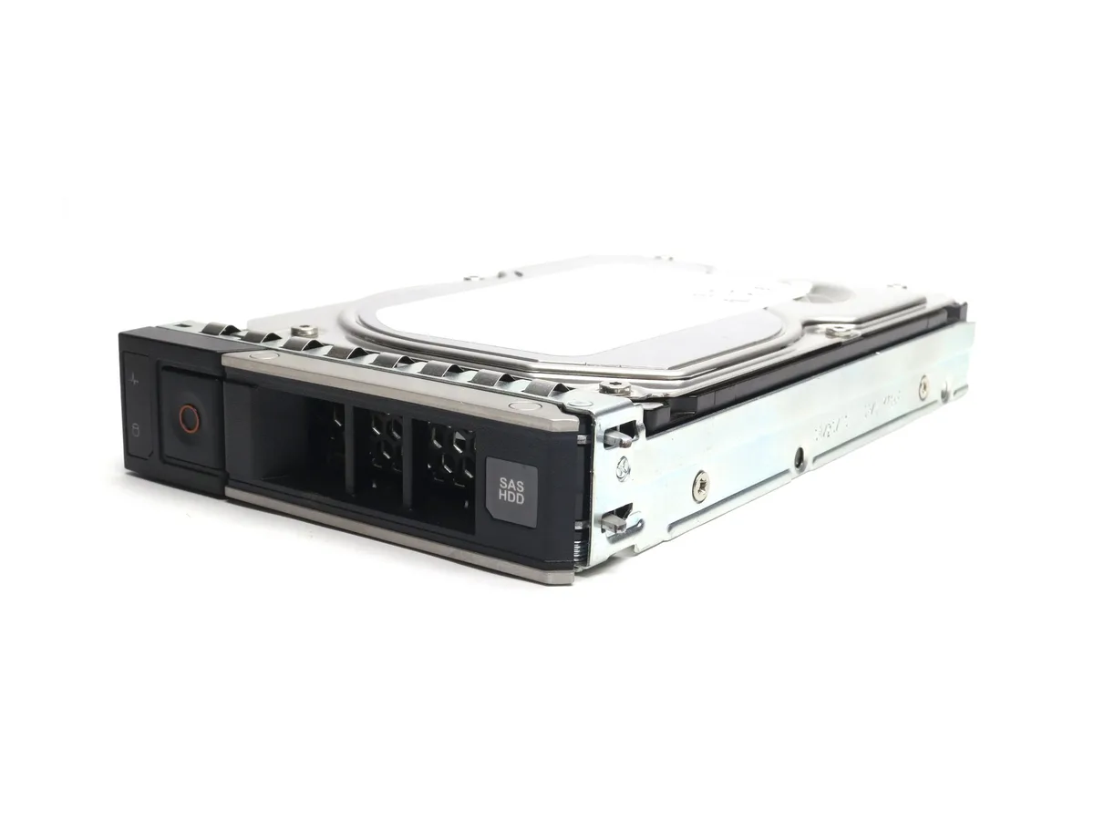 Silver 3.5 inch SAS hard drive in tray with label showing 4TB 7200 RPM