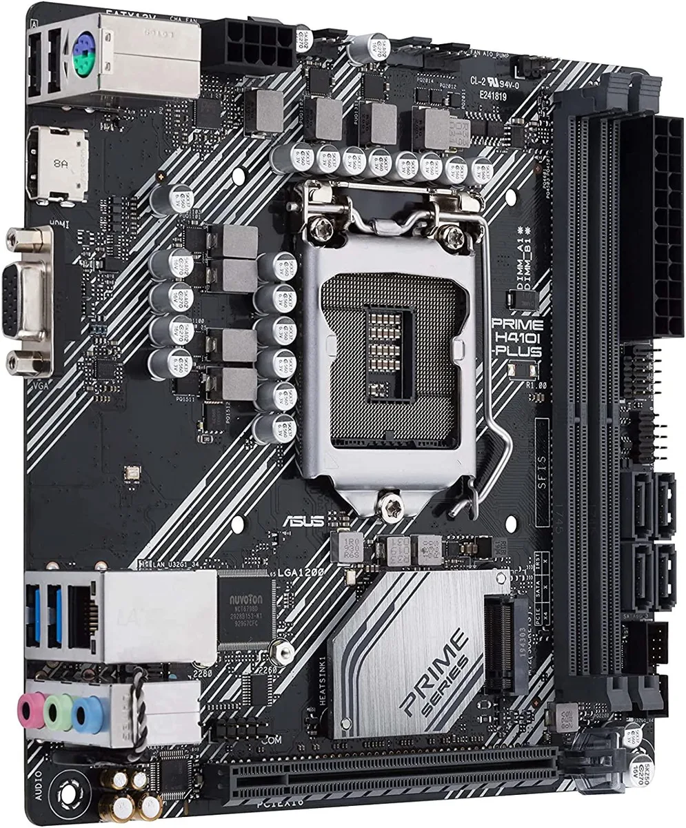 Green Mini-ITX motherboard with silver PCIe slot and black M.2 slot