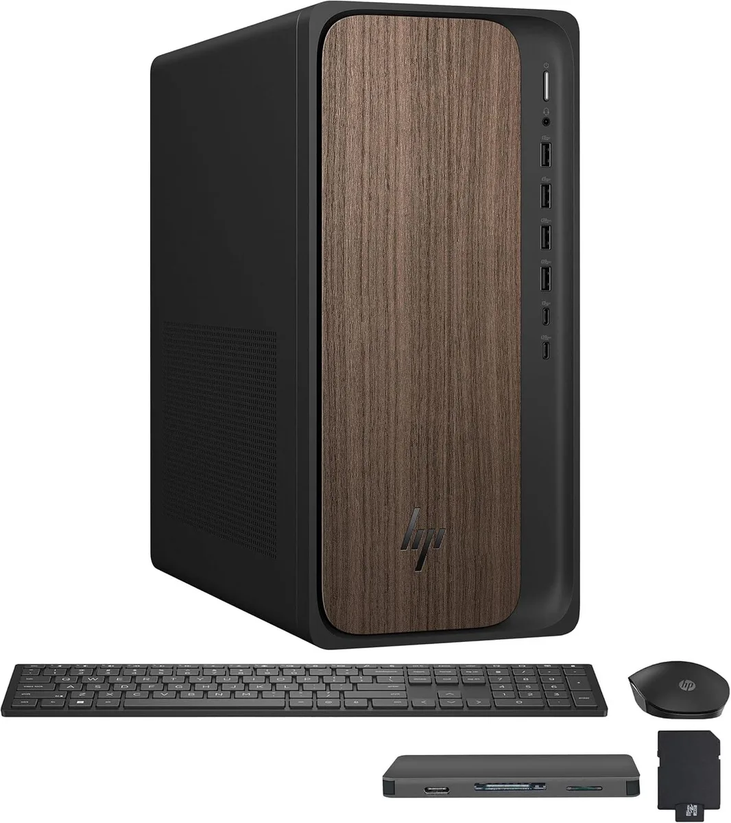 Black HP OmniDesk tower with wireless keyboard and mouse